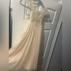 Girls 5 Boutique Formal Dress New Peachy Pink Sparkle Thread Long Flowy Bow